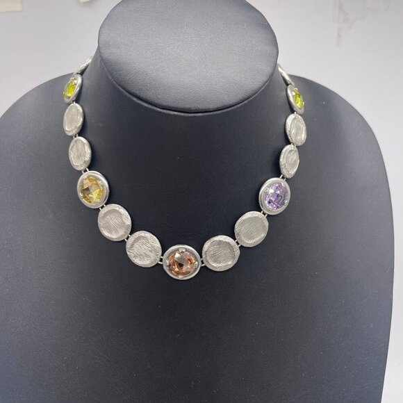 Textured Multicolor Crystal Link Bib Necklace Silver Tone Hippie Bohemian Boho - Picture 2 of 7